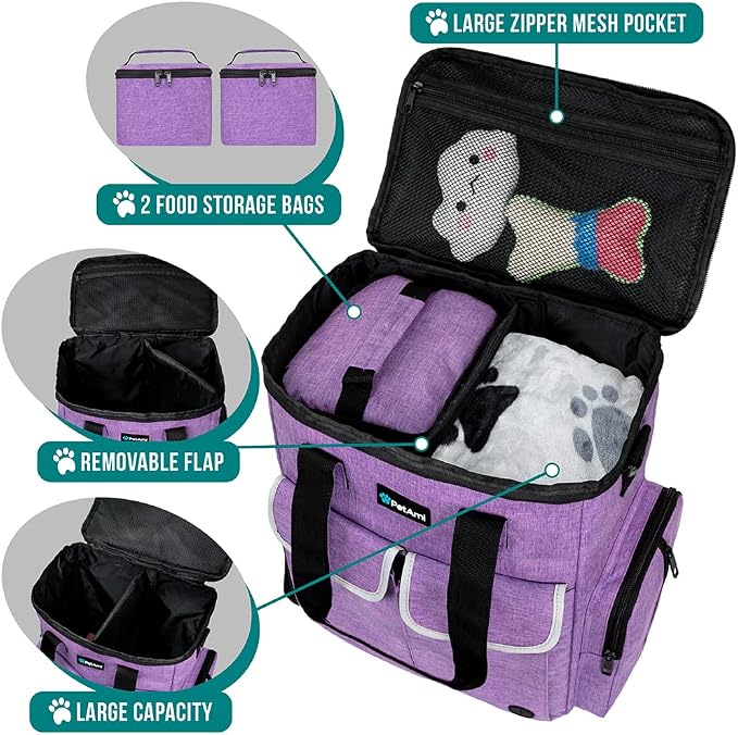 PetAmi Dog Travel Bag Organizer with Food Containers & Bowls, Purple