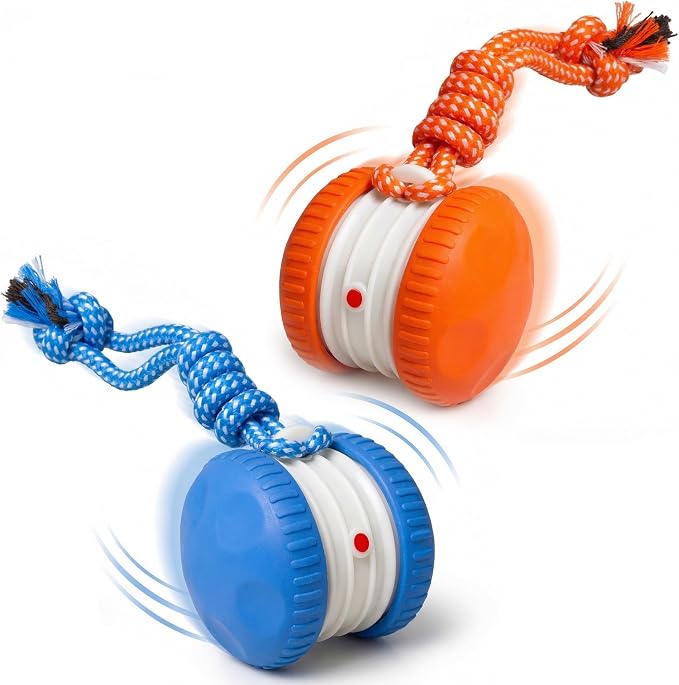 (2 Pack) Interactive Dog Toys for Small Dogs — Boredom Relief & Indoor Enrichment, Automatic Rolling Ball with Rope, Motion Activated Self Moving Dog Toy (Blue + Orange)