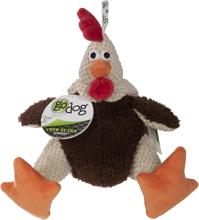goDog, Checkers Fat Rooster, Squeaker Dog Toy, Chew Resistant, Durable Plush, Soft, Tough, Reinforced Seams, Brown, Large