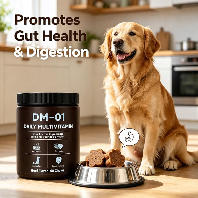 DM-01 Dog Multivitamin Chews, Daily Supplement with Salmon Oil, Chondroitin & Folic Acid, Promotes Skin & Coat Health, Digestive Aid & Immune Support, 60 Soft Chews