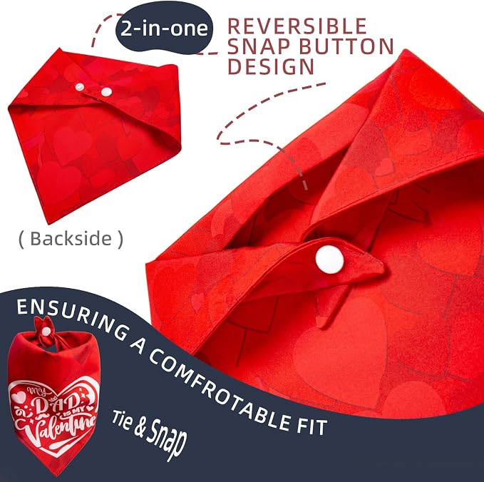 My Dad is My Valentine Dog Bandanas for Valentine's Day 2-in-1 Reversible Cute Lettering, Medium, Small, Red