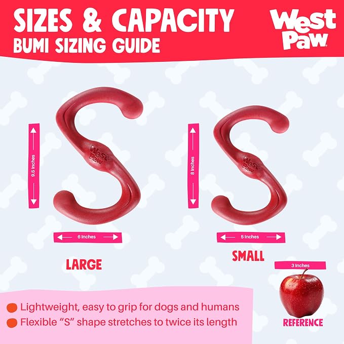 WEST PAW Zogoflex Bumi Dog Tug Toy – S-Shaped, Lightweight Chew Toys for Fetch, Play, Pet Exercise – Tug of War Soft Flinging Squishy Chewy Toy for Dogs – Guaranteed, Latex-Free, Small 8", Ruby