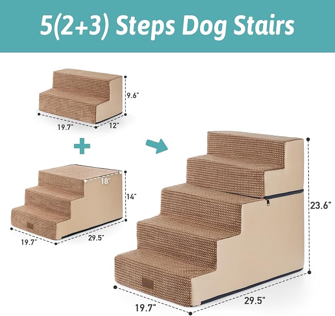 COZY KISS Dog Stairs with Detachable Zipper, 19.7" Extra Wide Right-Angle Pet Stairs for Bed, Anti-Slip Dog Steps for Lowrider and Elderly Cats with Support Board, 19.7x29.5x23.6 inch, Light Brown