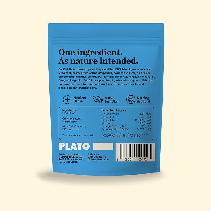 Plato Single Ingredient Wild-Caught Cod Skin Sticks Dog Treats, Air-Dried Omega-Rich Skin & Coat Support, 10 oz