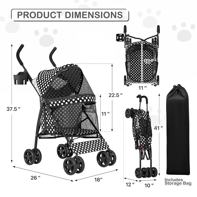 MoNiBloom 4-Wheel Foldable Pet Stroller - Black Polka Dots