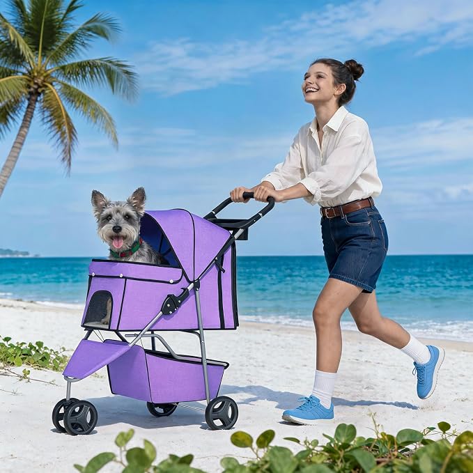 BestPet 3-Wheel Pet Stroller - Purple, Breathable Mesh