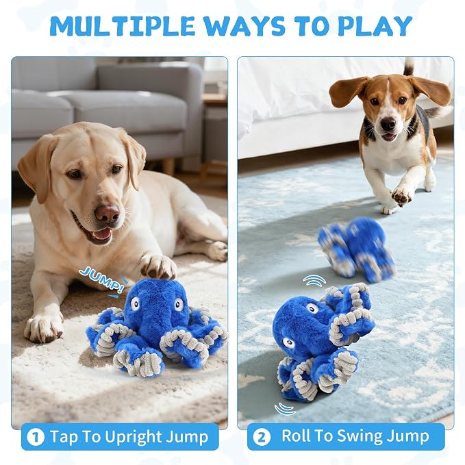 Interactive Dog Octopus Toy, Upgrade Automatic 1.5H Jumping Ball with Motion Activation for Small Large Dogs, 2 in 1 Rechargeable Move & Tug Plush Toy Pets Keep Busy, No Music (Blue Crinkle)