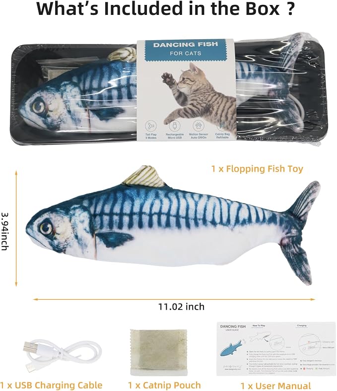 Flopping Fish Cat Toy, Interactive Moving Plush Cat Kicker Toy with Catnip Pocket, USB Rechargeable Automatic Wiggle Mackerel Toy for Indoor Kitten & Small Dogs, Single Mackerel（11.02Inch）