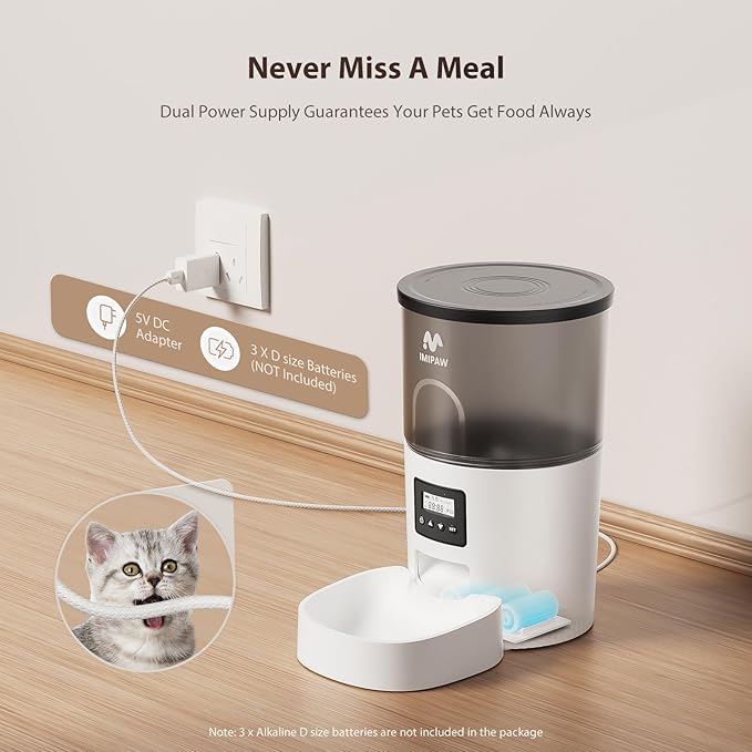 IMIPAW Automatic Cat Feeders, Timed Cat Dry Food Dispenser with Desiccant Bag, Dual Power Supply, Programmable Portion Size, 6 Meals, 20 Portions Per Day, Auto Pet Feeder for Cats and Small Dog, White