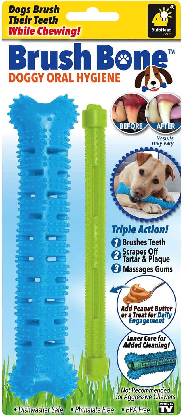 BulbHead BrushBone As Seen On TV Doggy Toothbrush Chew Toy, Plaque & Tartar Remover, Works 3 Ways to Clean While They Play, Invented by a Dentist, Add Peanut Butter or Cheese, Brush Bone