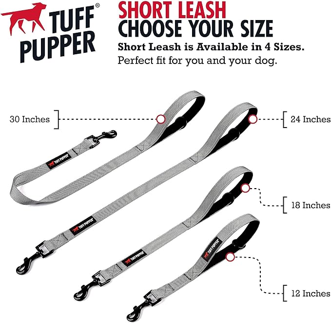 Tuff Pupper Short Dog Leash for Training | 24 Inch | Perfect for Service Dog Harness & Traffic Leash Handle w/Padding | Steel Gray