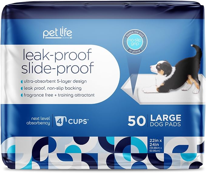 Pet Life Unlimited Leak-Proof Slide-Proof Puppy Pads for Dogs, Potty Training Pee Pads, 50 Count, Size Large, 22"x 22", Super Absorbent Quick-Dry with Odor-Control, Sweet Bluegrass Scent, Made in USA