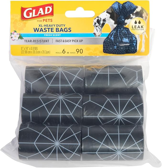 Glad for Pets Extra Large Scented Dog Poop Bags Heavy Duty Tear-Resistant Pet Waste Pickup Bags Fresh Scent Easy-Tie Handles Walking Camping Travel 90 Count 48 Pack Bulk Season Dog Walking Supply