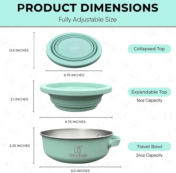 Vebs Pets Stainless Steel Dog Bowl with Collapsible Lid, Jade