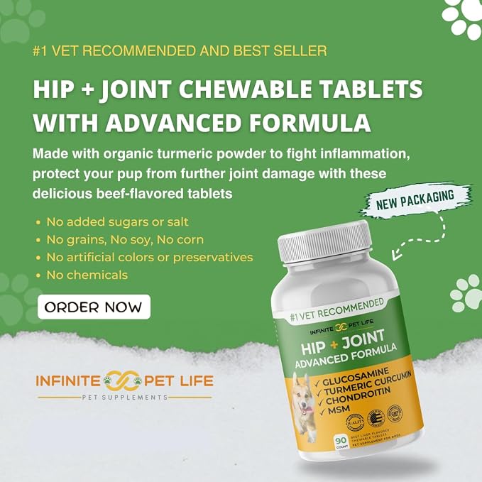 Advanced Hip and Joint Supplement for Dogs All Breeds - Glucosamine for Dogs Mobility & Pain Relief - All Natural Chondroitin, MSM & Turmeric Dog Joint Supplement - 90 Chewable Tablets