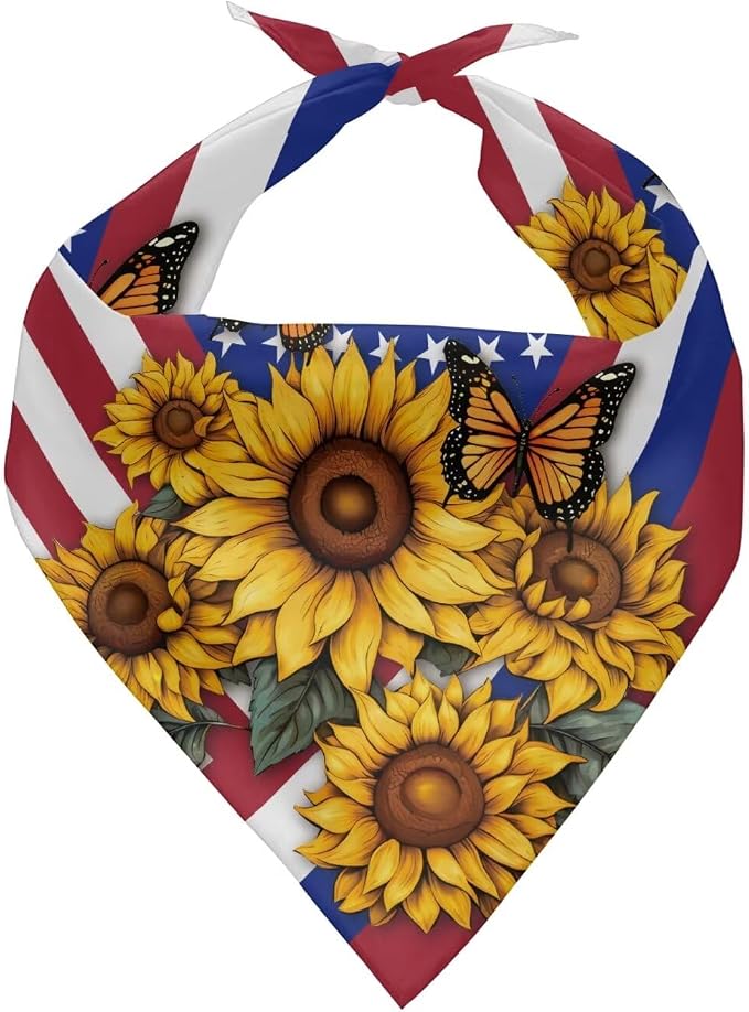 Jeiento 4th of July Dog Bandanas Sunflower Butterflies US Flag Pet Bandanas for Large, Large, Polyester