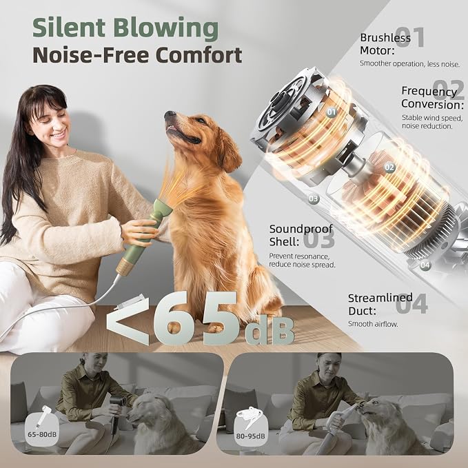 buenkee Dog Blow Dryer for Pet Grooming Handheld Lightweight Dog Cat Hair Dryer 3 Speeds 4 Temp, Portable 3HP High Velocity Pet Blower Quiet Dryer for Travel Campaign Home, with 3 Nozzles, Green