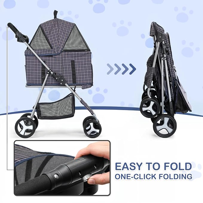MoNiBloom 3-in-1 Foldable Pet Stroller - Plaid, up to 33lbs