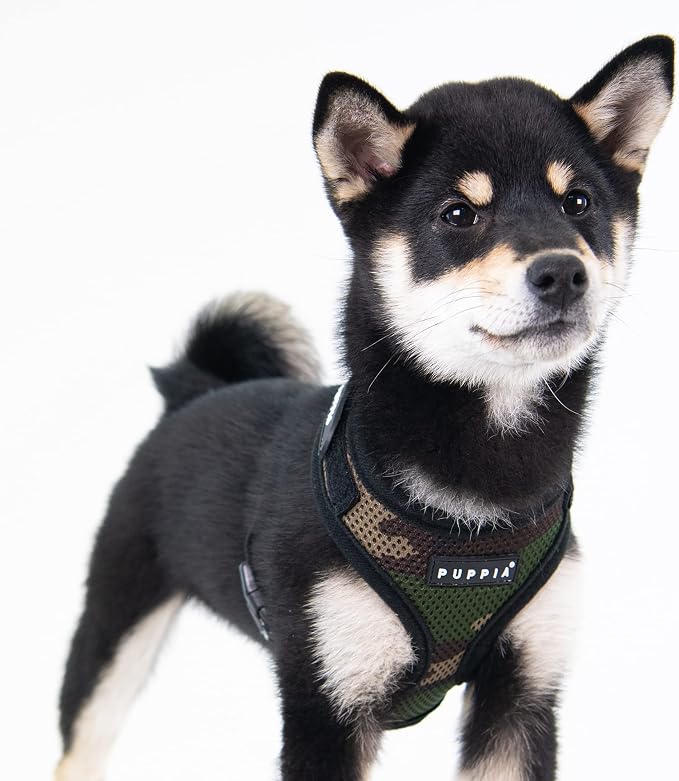Puppia Soft Superior Dog Harness Air Mesh Over-The-Head All Season No Pull No Choke Walking Training Adjustable Neck & Chest for Small & Medium Dog - CAMO - L
