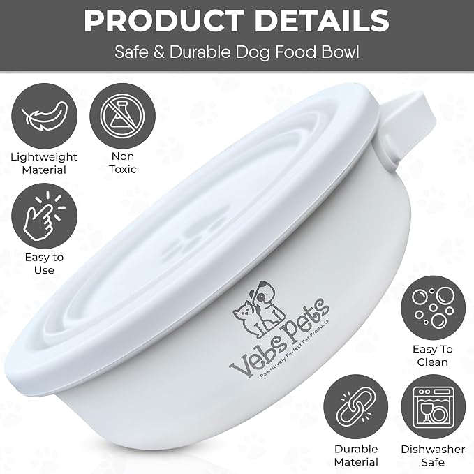 Vebs Pets Stainless Steel Dog Bowl with Collapsible Lid, Vaporous Grey