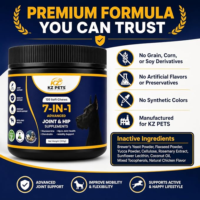 7-in-1 Dog Hip & Joint Supplement with Glucosamine, Chondroitin, MSM, Turmeric, Omega-3, Green Lipped Mussel, 120 Soft Chews