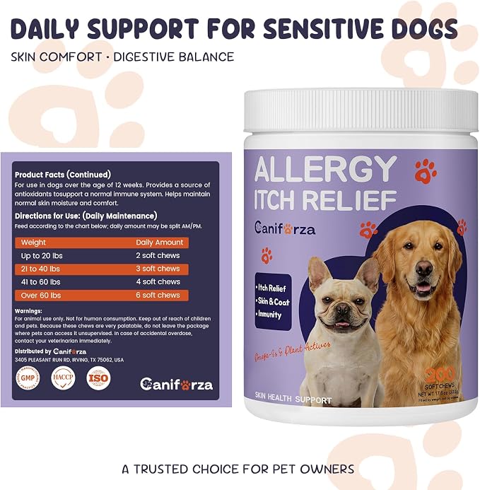 Dog Allergy & Itch Support - Omega-3 Supplement for Dogs - 200 Soft Chews for Immune Support, Skin & Coat Health, and Seasonal Allergy Support