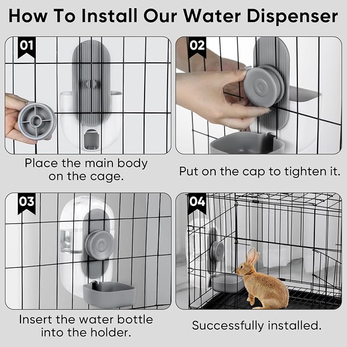 Lemtrflo 28oz Hanging Automatic Water Dispenser，Rabbit Water Bottle,Bunny Guinea Pig Ferret Water Bowl for Cage,Suitable for Small Animal Puppies(Cage Grid Spacing Over 1.2'') (Gray)