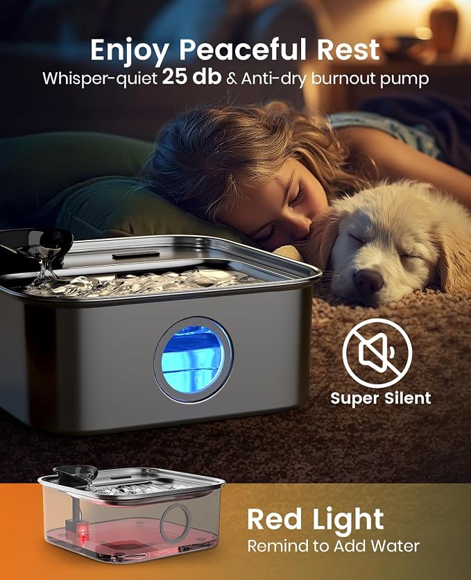 oneisall Dog Water Fountain, 2.6Gal/10L Stainless Steel Dog Water Bowl Dispenser with Deeper Drinking Aera & Washable Filter, Ultra-Quiet Pet Water Fountain for Small Medium Large Dogs(with 5 Fllters)