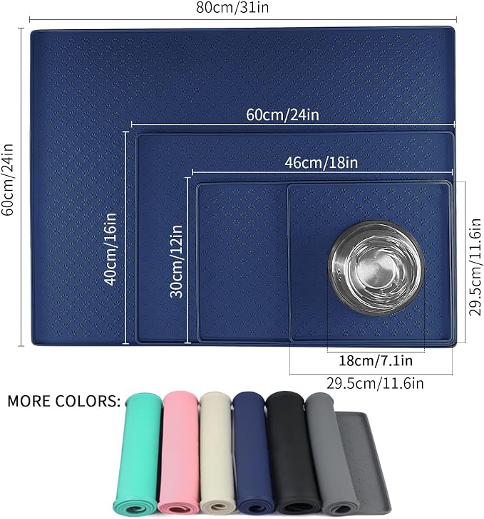 Ptlom Silicone Pet Placemat for Dog and Cat, Waterproof Non-Slip Pet Feeding Bowl Mats for Food and Water, Small Medium Large Tray Mat Prevent Residues from Spilling to Floor, Navy Blue, 24.5" 16.5"