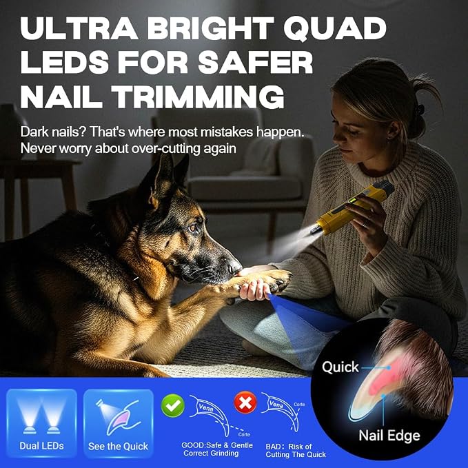 Whisper Quiet Dog Nail Grinder Kit, 6-Speed with 4 LED Lights for Dogs Cats & Sensitive Pets