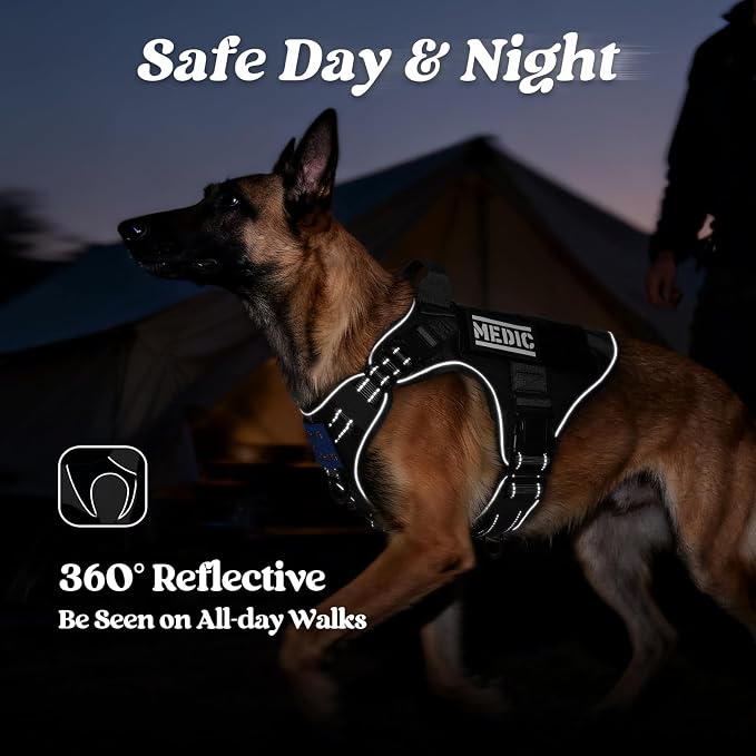 rabbitgoo Tactical Dog Harness for Medium, Heavy Duty Military No Pull Vest | Sturdy Metal Buckles, 5 Adjustments, Molle System, Powerful Pullers for Training, Hunting, Outdoor, Black Reflex, Medium