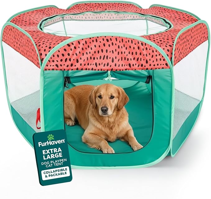 FurHaven Soft-Sided Dog & Cat Playpen, Portable Foldable Indoor & Outdoor Pet Playpen with Mesh Windows & Zippered Door, Green & Pink, Extra Large