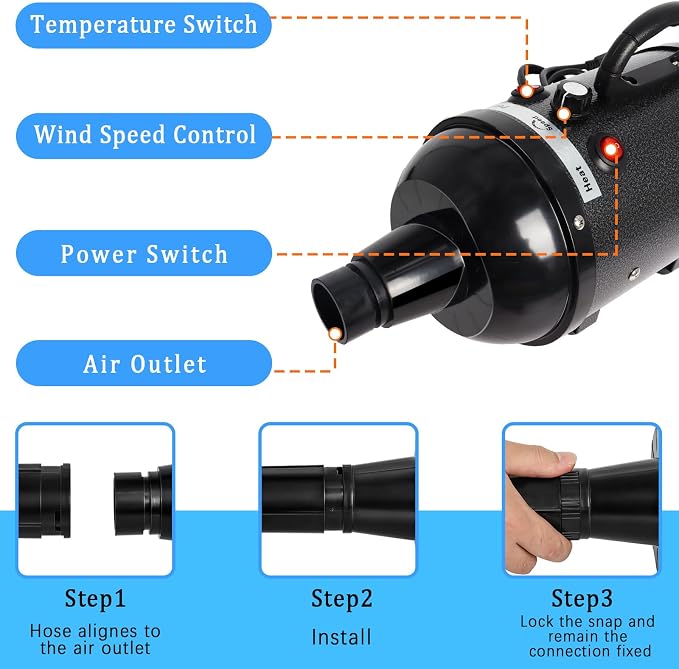 Dog Dryer for Large Dogs 5.2HP 3800W High Velocity Pet Hair Dryers | with Heater for Grooming, Spind Temperature Adjustable Pet Dryer Machine with 4 Nozzles (Black)