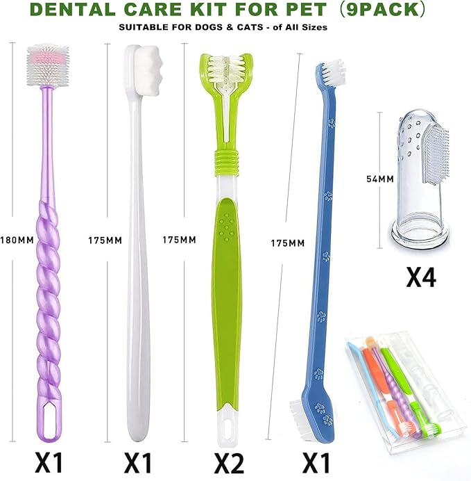 9-Pack Dog Toothbrush Kit, Triple Head & Double Head Dog Toothbrush, 360 Finger SiliconeToothbrush, Multi-Angle Dental Cleaning Brushes for Cat Oral Health