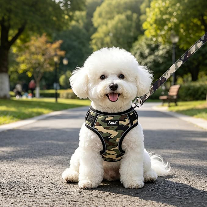 PUPTECK Soft Mesh Small Dog Harness and Leash Set Pet Puppy Cat Adjustable Reflective Padded Vest No Pull Harnesses, Camouflage, S