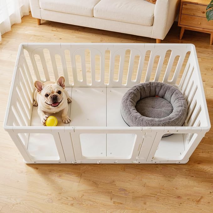 Mobile Acrylic Dog Playpen Indoor with Bottom Panels & Wheels, Puppy Play Pen with DIY Easy Assemble, Moveable Pet Fence for Puppies (24''Tall, 8 Panels + 4 Bottom Panels + 8 Wheels)