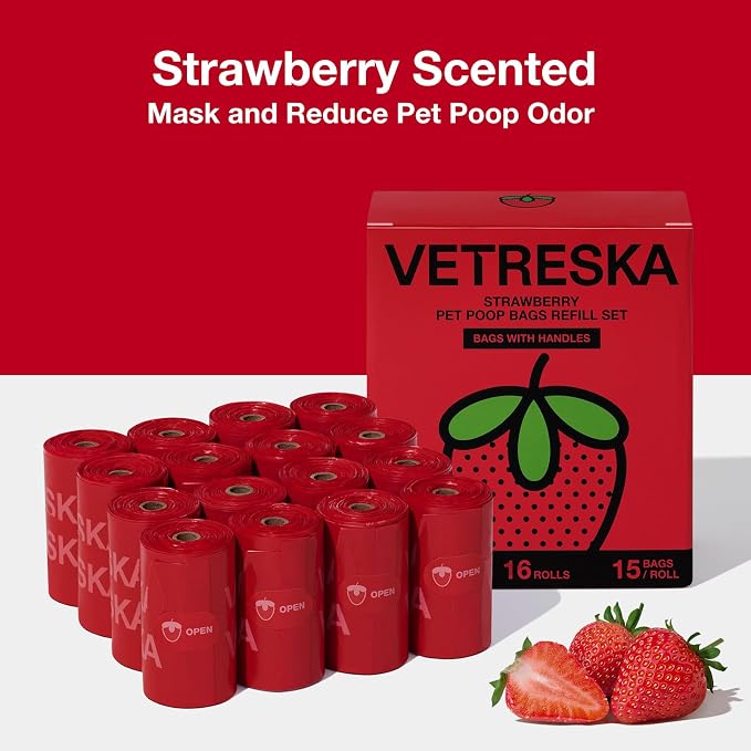 VETRESKA Dog Poop Bags with Handles 240 Count, Strawberry Scented Waste Bags, Leak-Proof Thick Dog Bags for Poop, Easy-Tie Large Poop Bags, 16 Refill Rolls for Dog Walking Cat Litter
