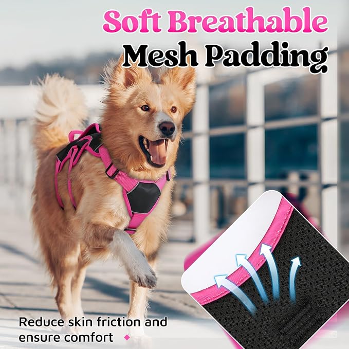 rabbitgoo Escape Proof Dog Harness for Large, No Pull with Lift Handle | No Escape, Full Soft Padded, Reflective Adjustable Vest, Leash Clip for Walking Hiking Training, Rose & Black, Large