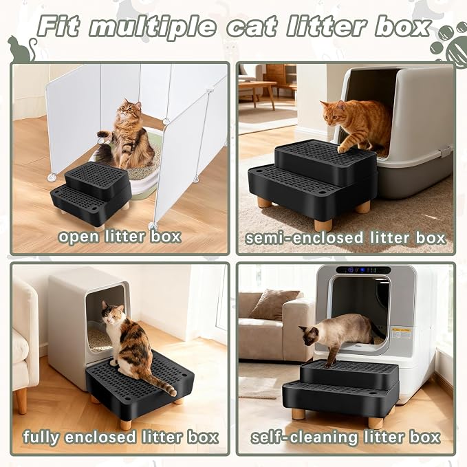 Elevated Cat Ramp for Litter Box, 2 Steps Cat Pedal Step Stool with Wooden Base, Detachable Double Layered Cats Litter Trapper, Suitable for Small&Elderly Cats, Non-Slip(Black)