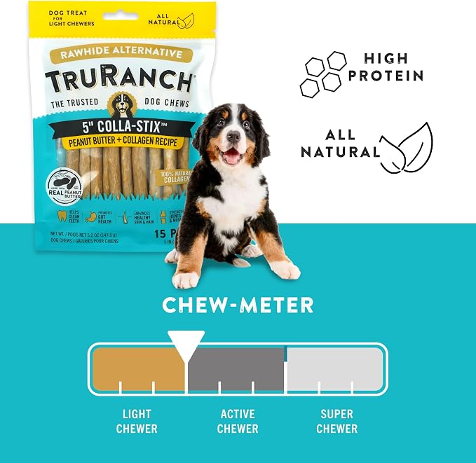 TRURANCH Collagen Sticks - 5" Collagen Sticks for Dogs - Long Lasting Healthy Joint Support - Rawhide Alternative - Skin & Coat Health - Made with Real Peanut Butter, Value Pack, 3 Bags, 45 Count