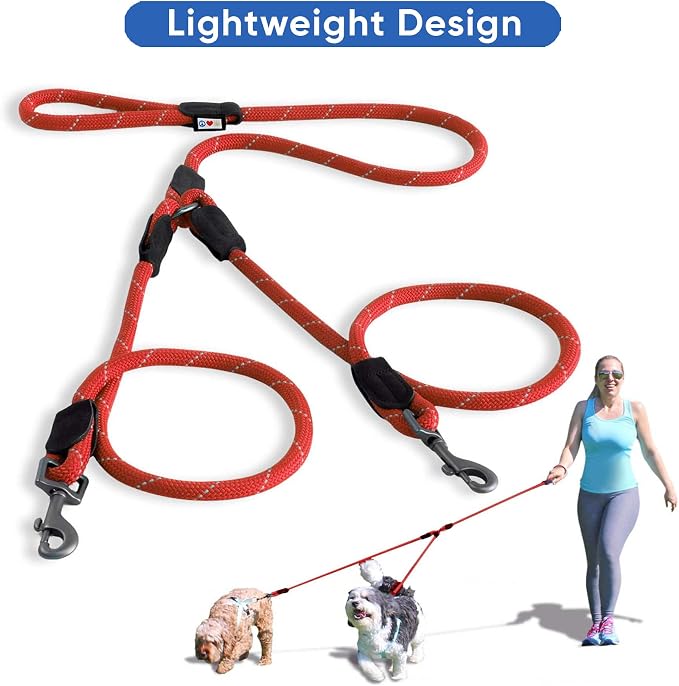 Pawtitas Double Leash for Two Dogs Great for Walking & Training Comfortable Shock Absorbing Reflective Pet Rope Leash for 2 Dogs 6ft - Medium/Large - Red