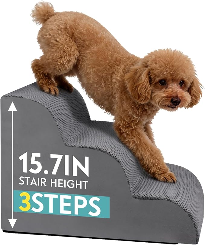Dog Stairs for Small Dogs,15.7" H Pet Stairs 3-Steps Ramp for Puppy, Older Cat, Stairs with Whole 30D High Density Foam, Corduroy Fabric, Non-Slip Bottom Dog Steps for Bed and Couch (Grey, 3-Step)