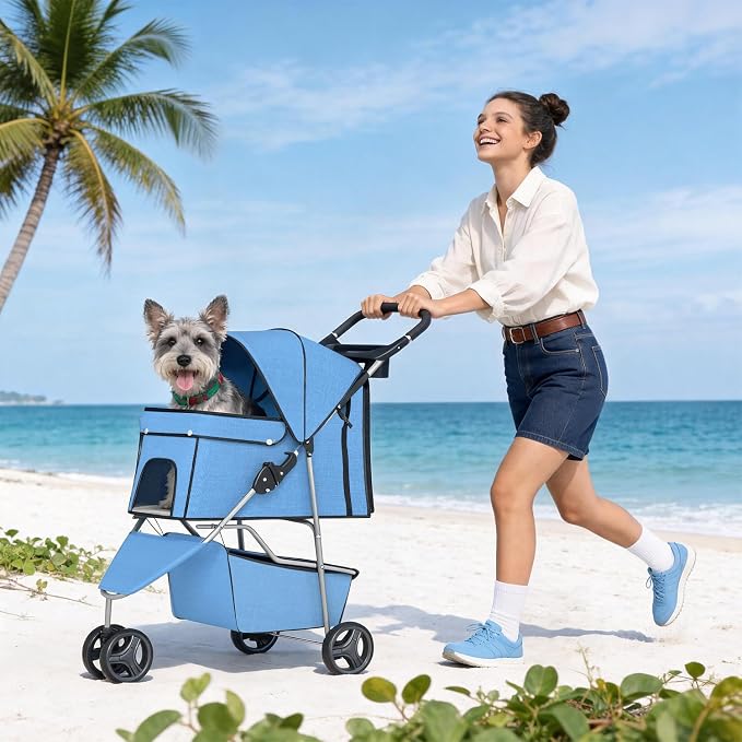BestPet 3-Wheel Pet Stroller - Blue, Breathable Mesh