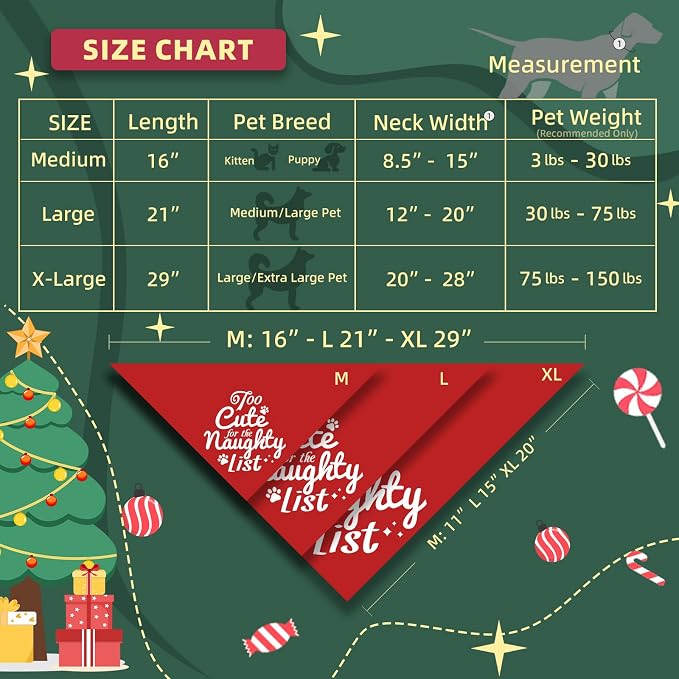 Christmas Dog Bandanas Naughty & Nice Idea Funny Holiday Stocking Pet Scarf Gifts, Large, Medium, Red