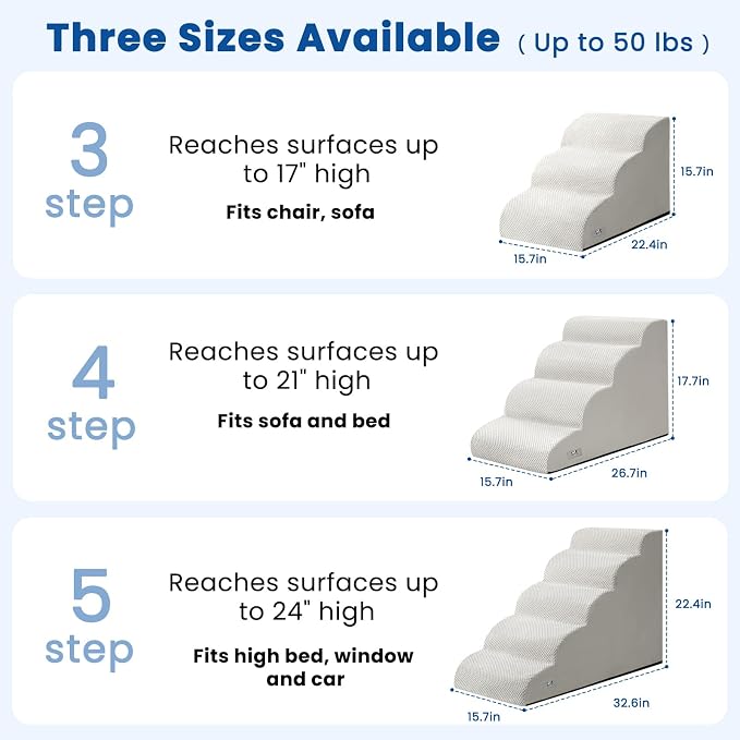 Airpanda Dog Stairs for Small Dogs and Cats – 3 Step Pet Ramp for Couch & Sofa, Non-Slip Dog Steps for Pets, Washable Cover, High-Density Support Foam for Easy Climbing,Light Grey