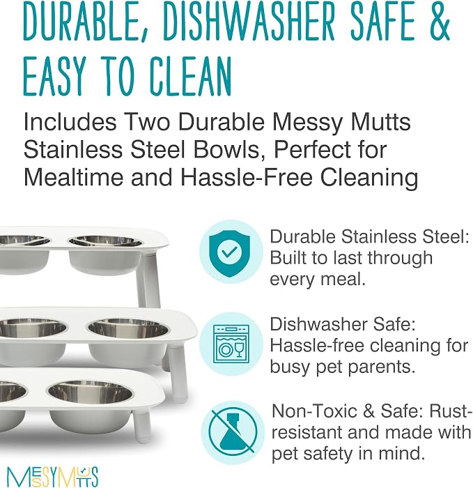 Messy Mutts Elevated Double Dog Feeder, Adjustable Height, Light Grey | Adjustable-Height Elevated Double Dog Feeder With Two 5 Cup Stainless Bowls, Legs Set To 3, 5, Or 10 Inches