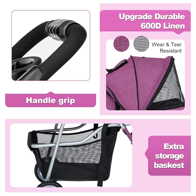 BestPet 3-Wheel Pet Stroller - Purple, Cup Holder