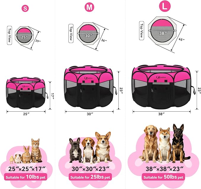 Siedihit Dog Playpen, Medium Puppy Pet Playpen, Dog Crate Tent Cage Indoor/Outdoor, Portable Pop Up Dogs Kennel Playpen with Carrying Case for Dogs/Cats/Rabbits, Hot Pink