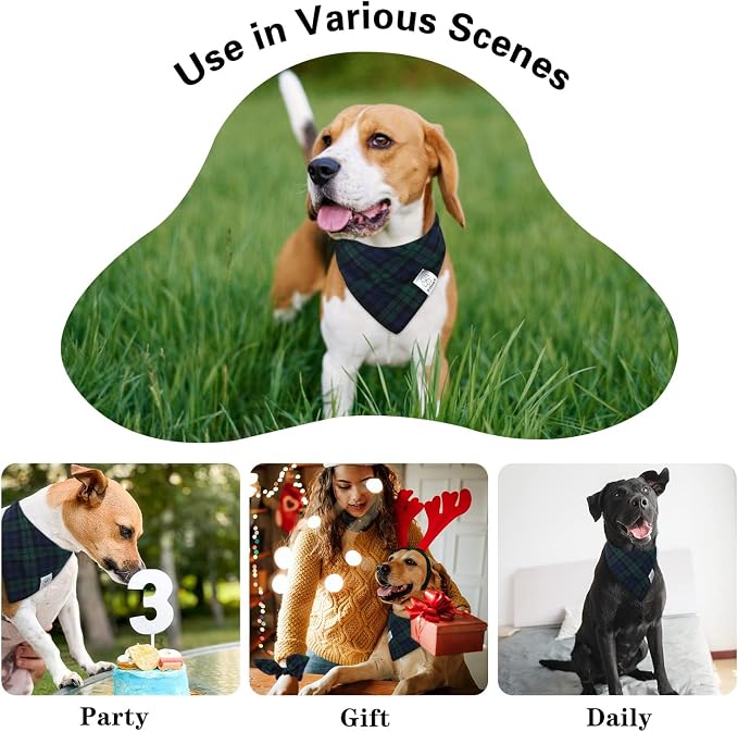 E-Clover Blue Green Plaid Dog Bandanas Girl Matching Scrunchie Medium Large, Large-set of 1, Medium, Blue