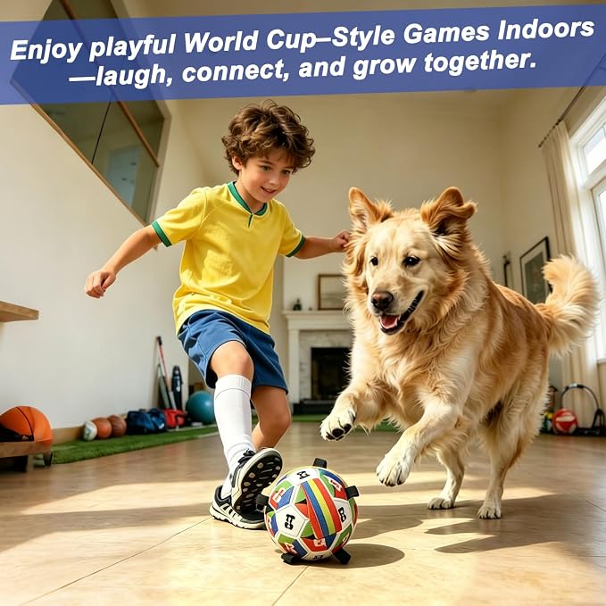 Rensh Dog Soccer Ball with Straps 6 Inch, Interactive Dog Ball for 20-40 lb | Outdoor and Indoor, PU Material, Erratic Bounce, Buoyant Water Toy, Pump Included, Not for Aggressive Chewers